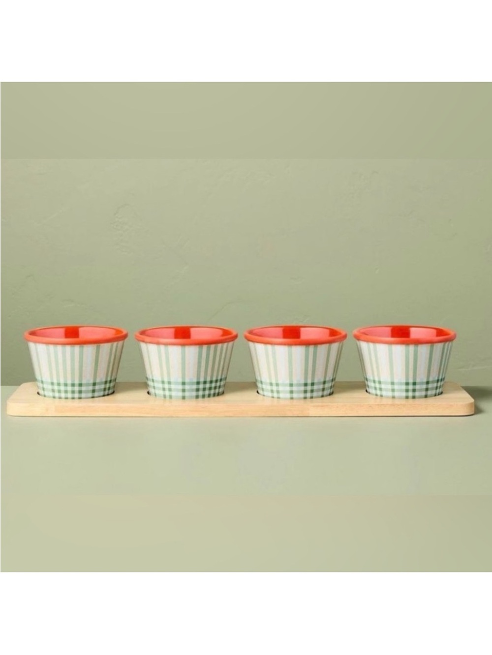 Hearth & Hand *SET OF 4* Plaid Melamine Mini Bowls & Bamboo Wood Tray Serving